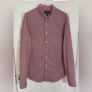 Men’s “Express” Burgundy Gingham Casual Fitted Shirt. Large, 16-16 1/2 Neck